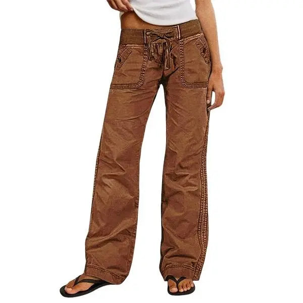 Solid Seam Detail Drawstring Mid Rise Straight Leg Pants