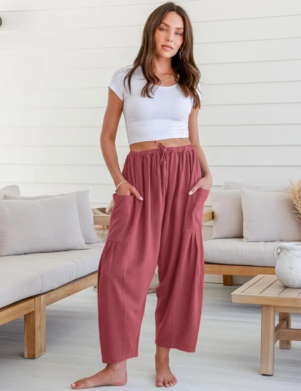 Women's Linen Wide Leg Pants Casual Loose Drawstring Low Waist with Pockets