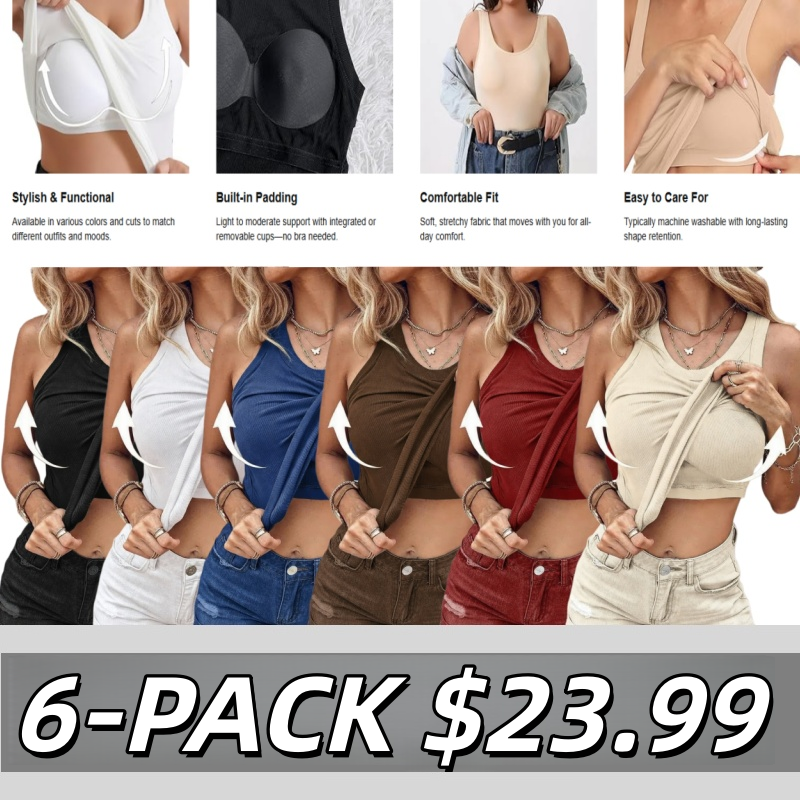 💥Round Neck Built-in Bra Ribbed Tank Top