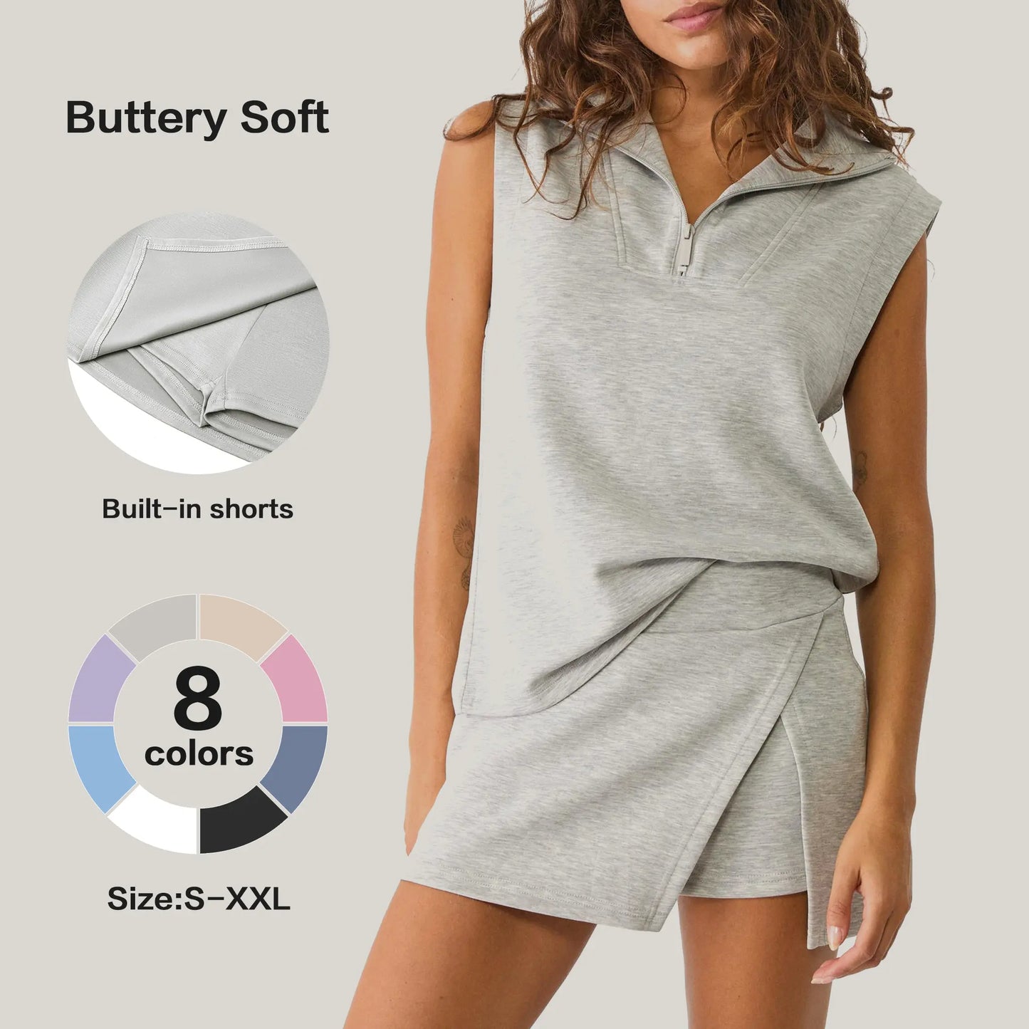 Womens Sleeveless Half Zip Sweatshirt 2 Piece Skirt Sets