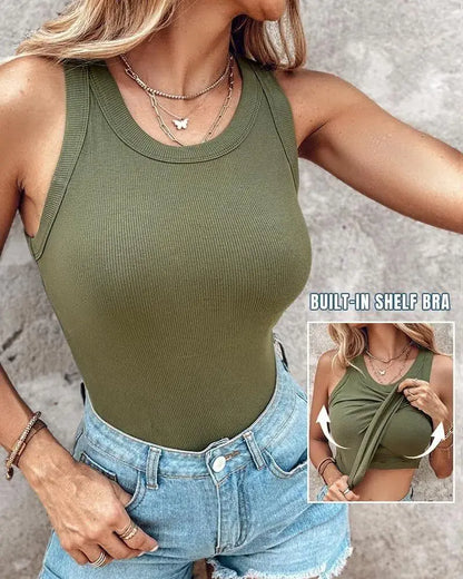 💥Round Neck Built-in Bra Ribbed Tank Top