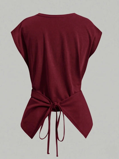 Women's Knitted Round Neck Drop Shoulder Sleeve T-Shirt