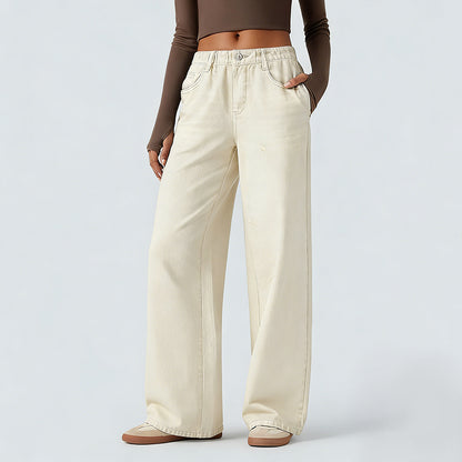 Mid Rise Denim Print French Terry Casual Sweatpants Jeans with Pockets