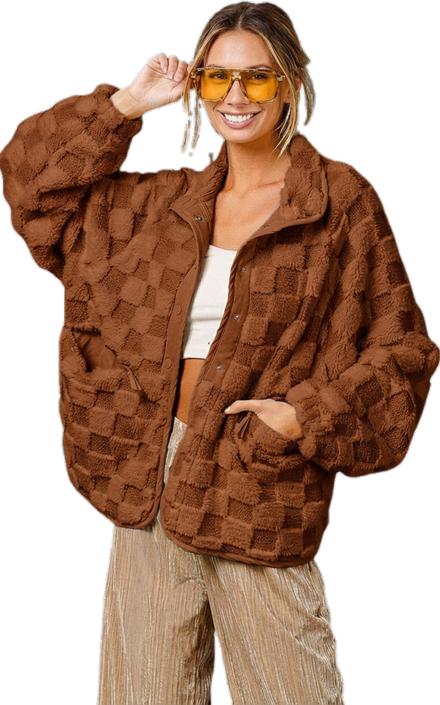 ⏰Final 2-Hour Clearance⚡ Chouyatou Women’s Winter Sherpa Jacket, Casual Contrast Plaid Faux Fur Coat, Loose Fit Plush Oversized Warm Outerwear