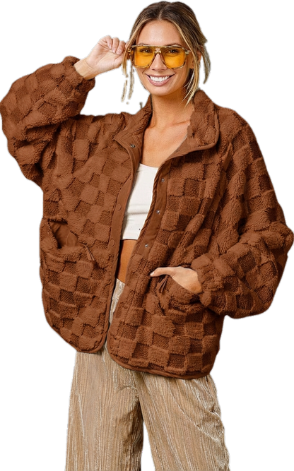 ⏰Final 2-Hour Clearance⚡ Chouyatou Women’s Winter Sherpa Jacket, Casual Contrast Plaid Faux Fur Coat, Loose Fit Plush Oversized Warm Outerwear