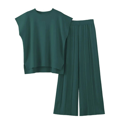 Women Two Piece Outfits Knit Cap Sleeve Tops Wide Leg Pleated Pants