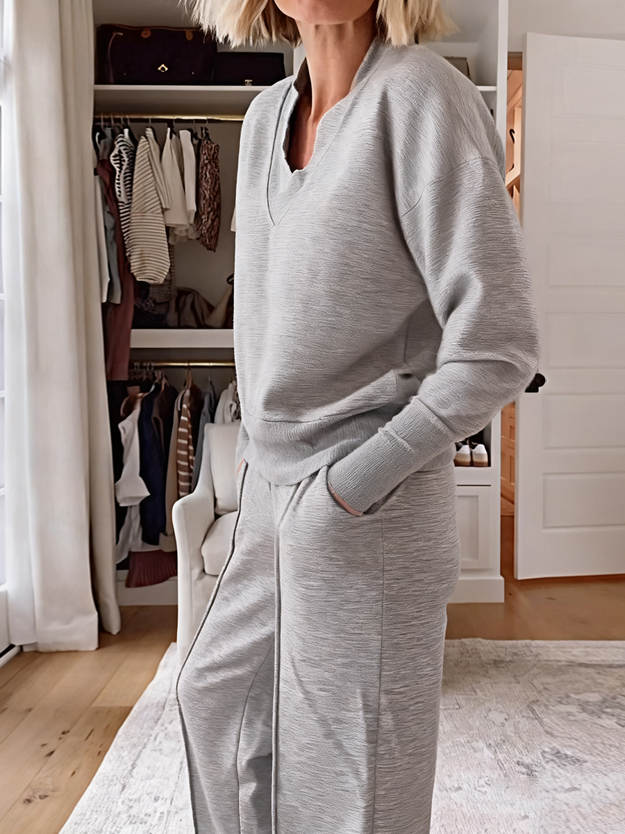 Solid Color Casual Large V-Neck Top & Pants Set