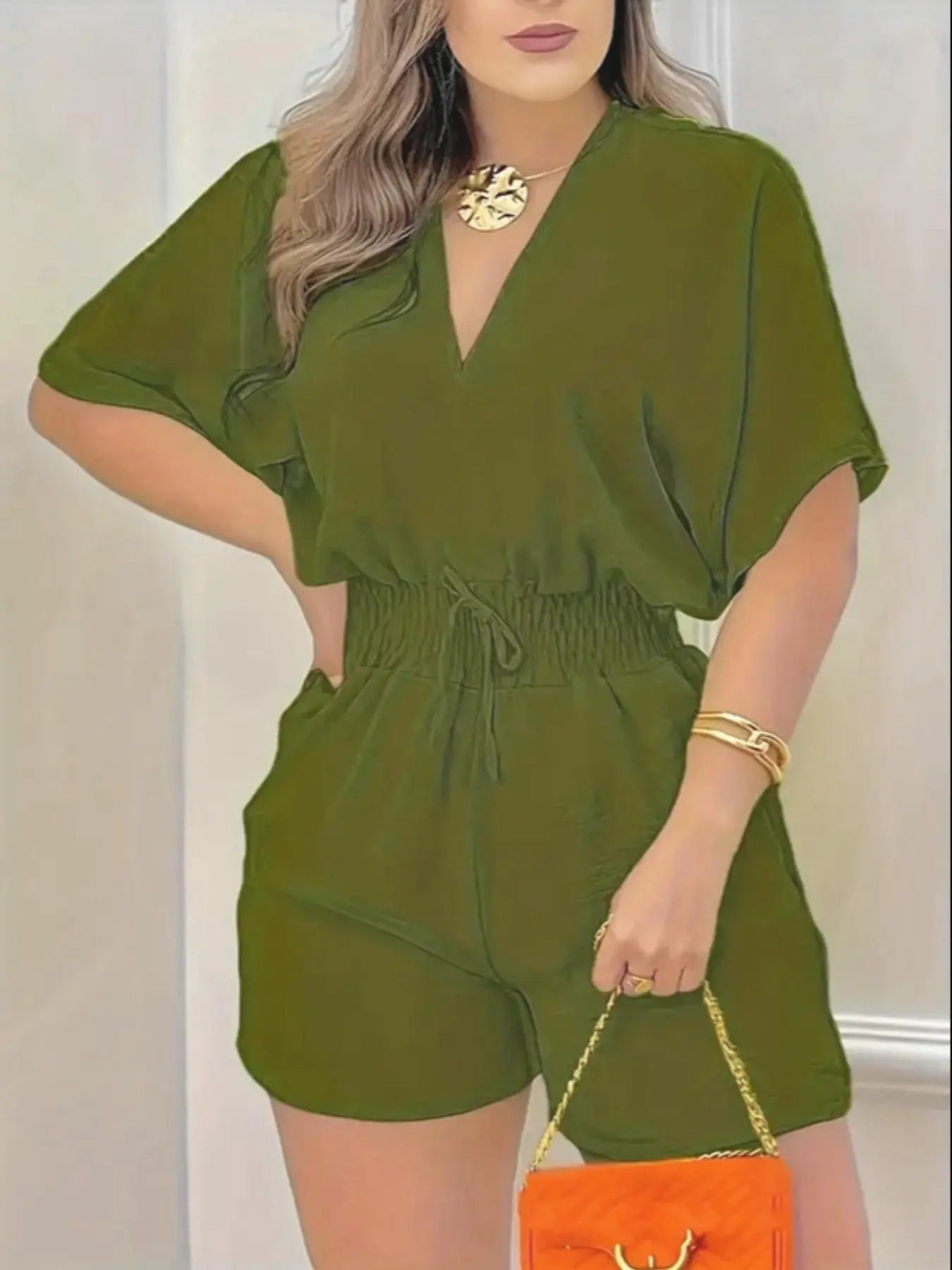 Women's Plain Drawstring Shirred Waist Fitted V Neck Romper