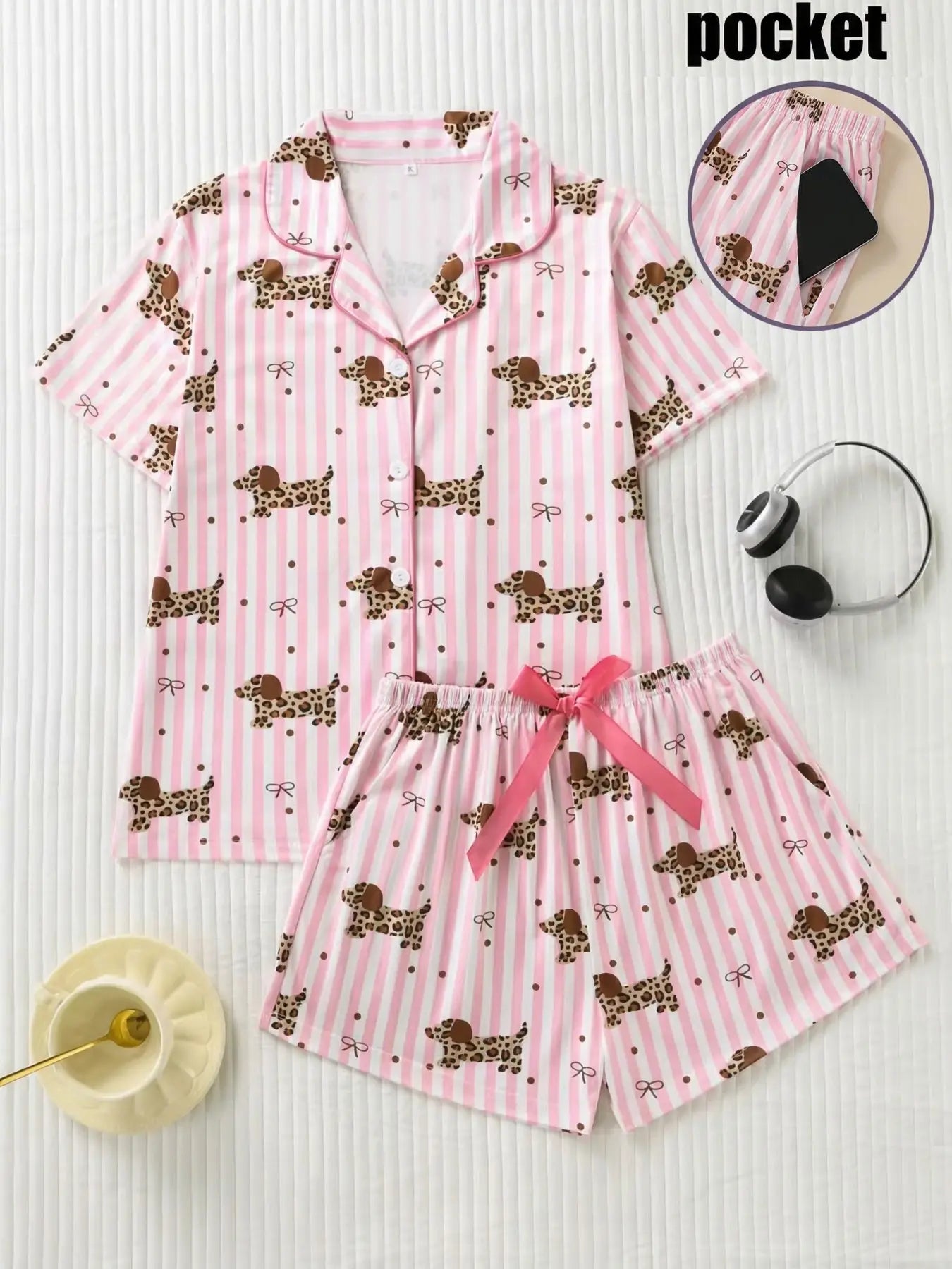 Women's Bow Full-Print Design Two-Piece Sleepwear Set