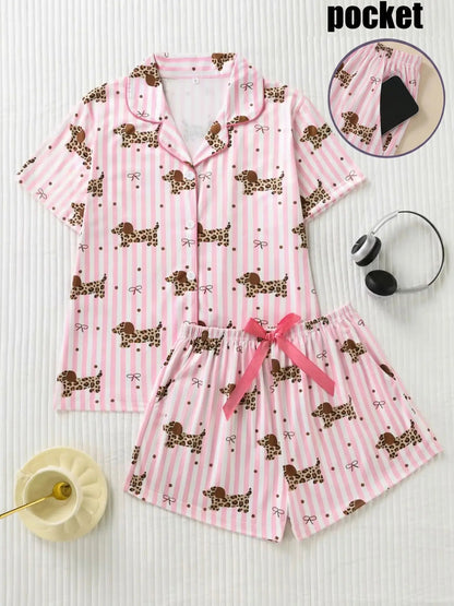 Women's Bow Full-Print Design Two-Piece Sleepwear Set