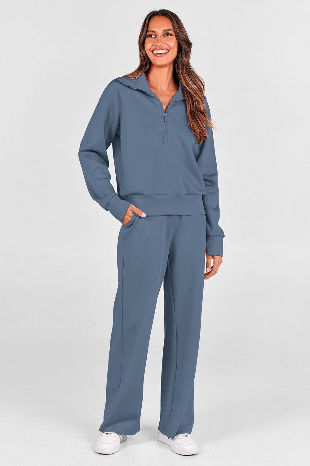 Women's Outfits Casual Lapel Half Zip Sweatshirts And Wide Leg Pants Tracksuit Sets