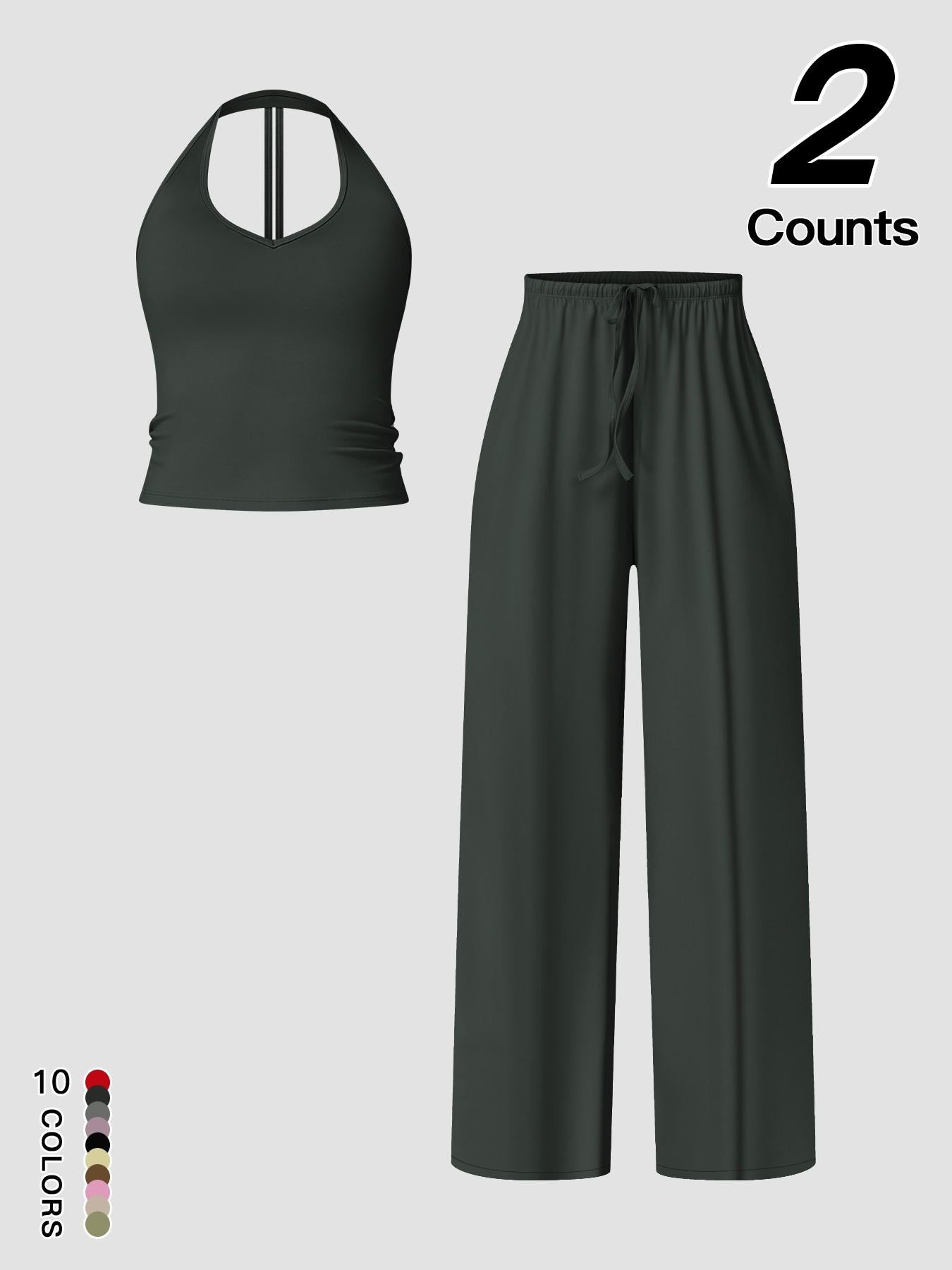 Women's Quick-Dry Sports Tank Top, Casual High-Waisted Bell Bottoms Two Piece Set