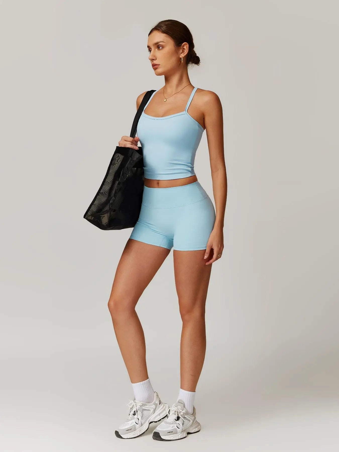 Two-piece Solid Backless Cami Top & High Waist Shorts Set
