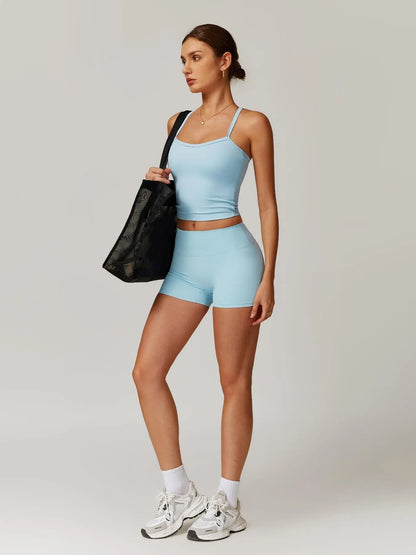 Two-piece Solid Backless Cami Top & High Waist Shorts Set