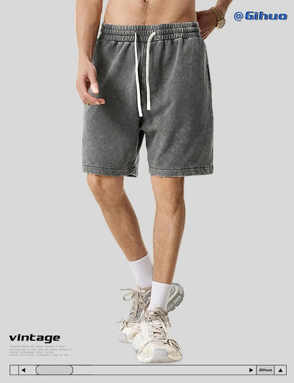 Unisex Cotton Athletic Vintage Acid Wash Elastic Waist Sweat Shorts