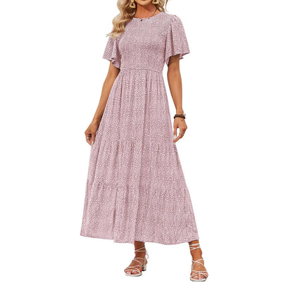 Floral Print Short Flutter Sleeve Crew Neck High Waist Flowy Maxi Dress
