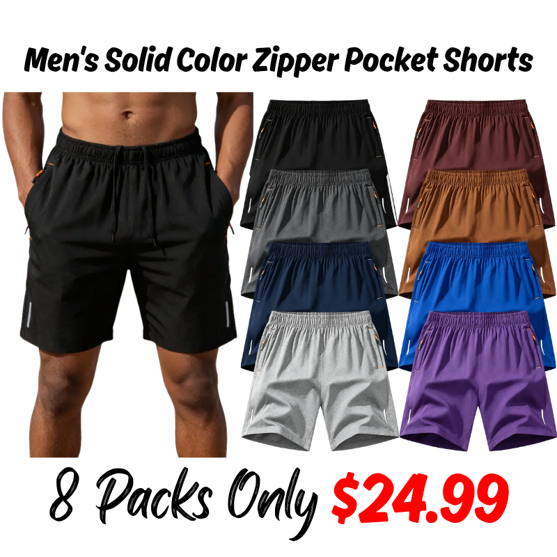 Men's Solid Color Zipper Pocket Shorts