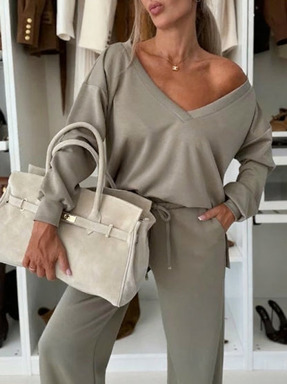 Autumn And Winter Solid Color Knitted V-Neck Top & Pants Set