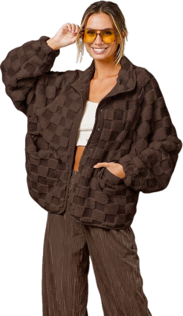 ⏰Final 2-Hour Clearance⚡ Chouyatou Women’s Winter Sherpa Jacket, Casual Contrast Plaid Faux Fur Coat, Loose Fit Plush Oversized Warm Outerwear