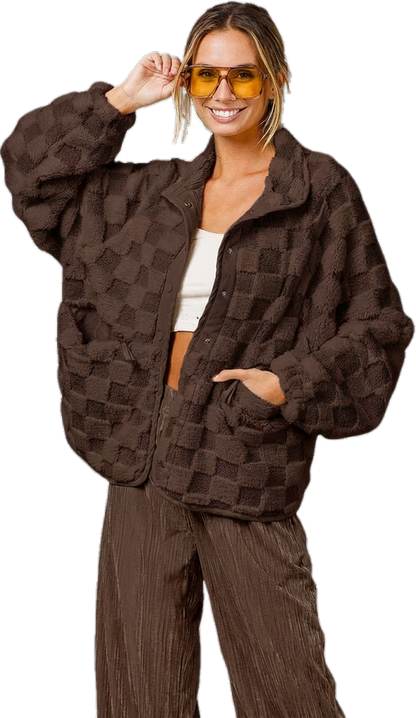 ⏰Final 2-Hour Clearance⚡ Chouyatou Women’s Winter Sherpa Jacket, Casual Contrast Plaid Faux Fur Coat, Loose Fit Plush Oversized Warm Outerwear