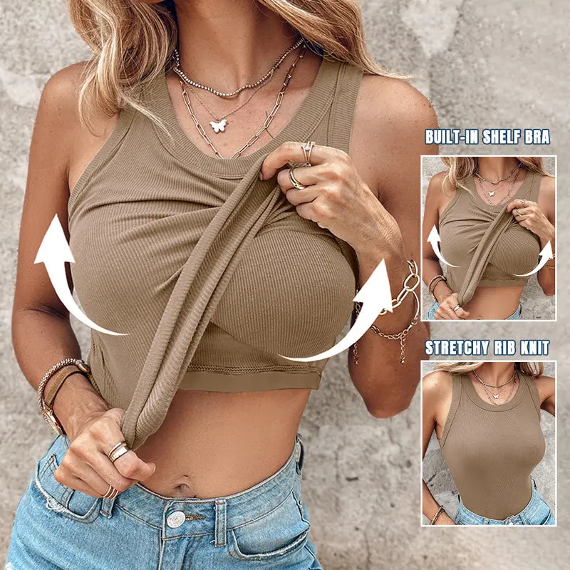 This Week's Special Price🍃Round Neck Built-in Bra Ribbed Tank Top Fit Casual Comfortable💥