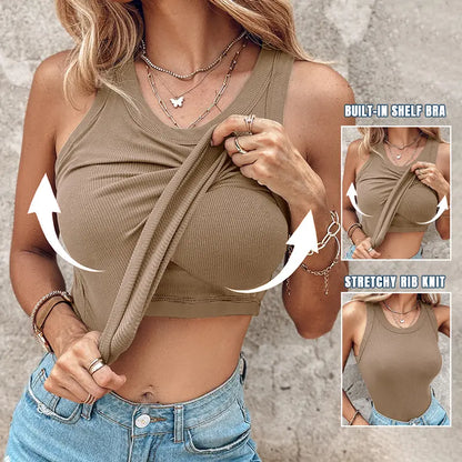 This Week's Special Price🍃Round Neck Built-in Bra Ribbed Tank Top Fit Casual Comfortable💥