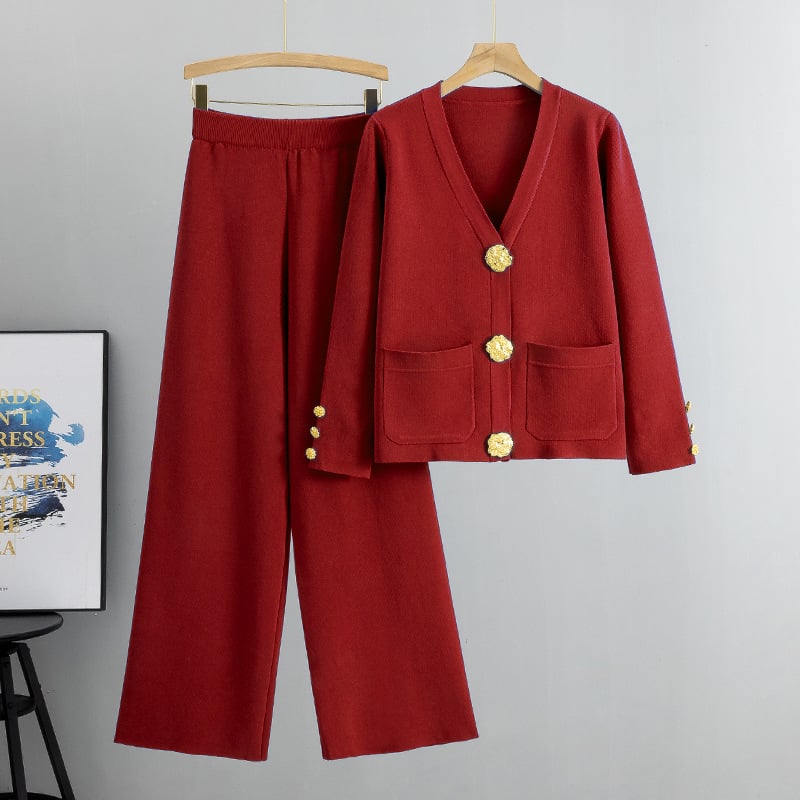 Imsgurus💓Fashion Metal Button Knit Wool Sweater Wide Leg Pants Set