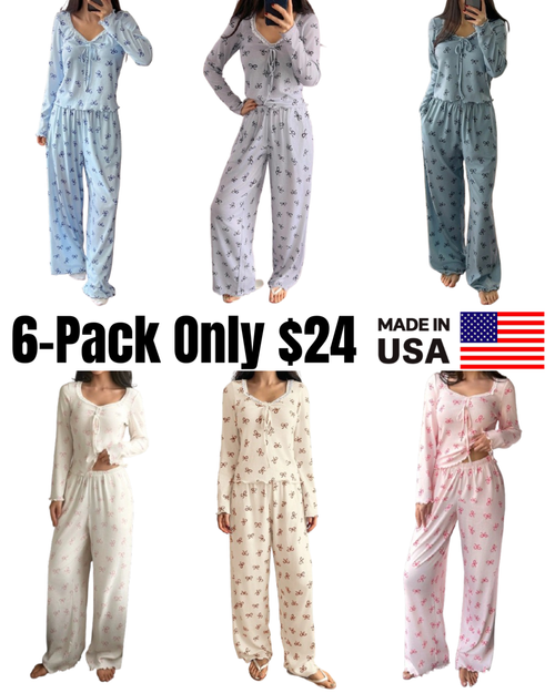 Women's Bow Print Long-Sleeve Lounge Pajama Set