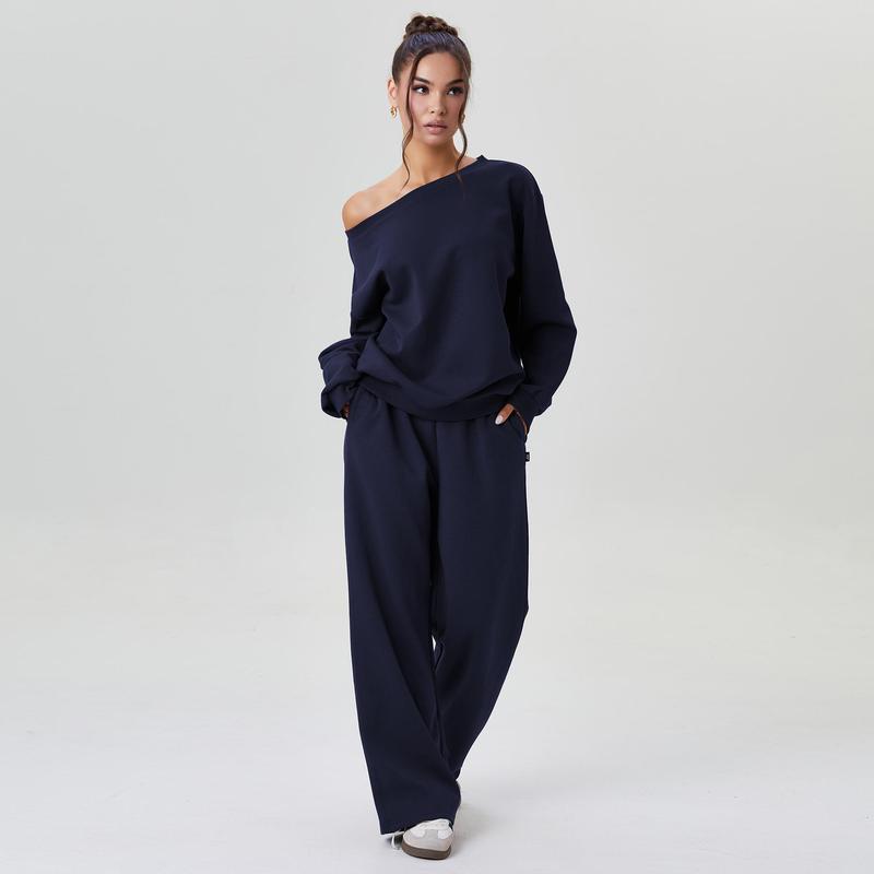 💘 Valentine’s Day Sale 💘Women's casual solid-color scoop-neck long-sleeved top and wide-leg pants set, comfortable curved-neck loose two-piece clothing set