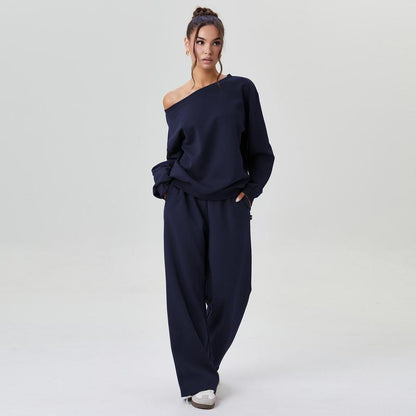 💘 Valentine’s Day Sale 💘Women's casual solid-color scoop-neck long-sleeved top and wide-leg pants set, comfortable curved-neck loose two-piece clothing set