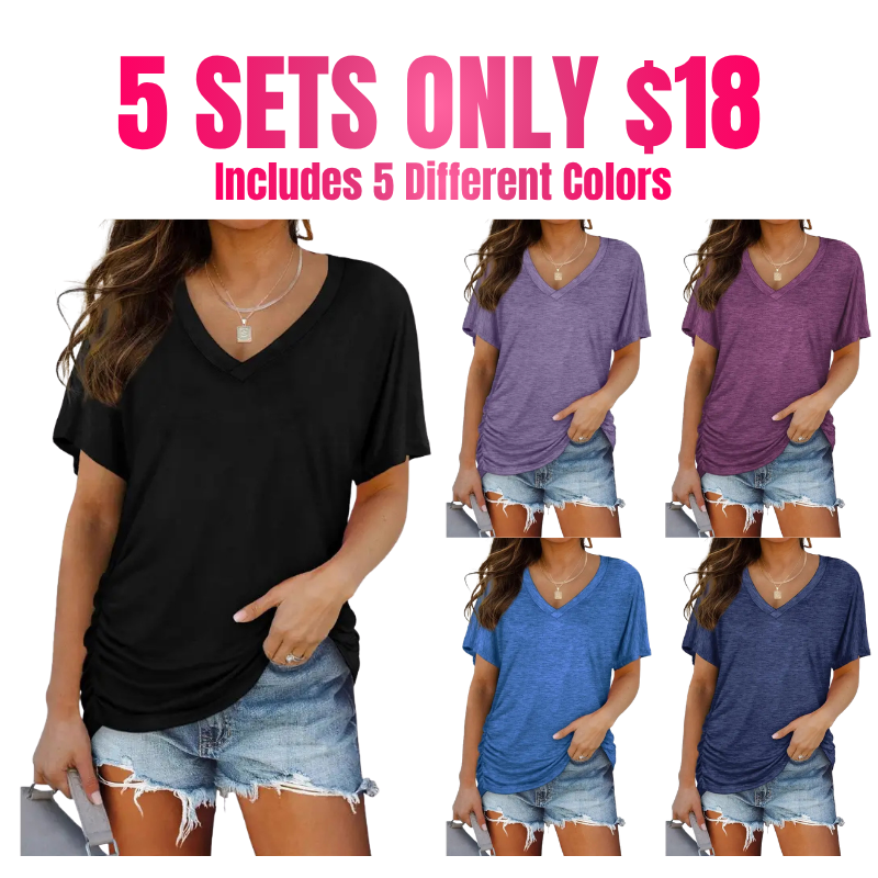 Last day discount🔥🔥Womens Short Sleeve V Neck Dolman Tops with Side Shirring