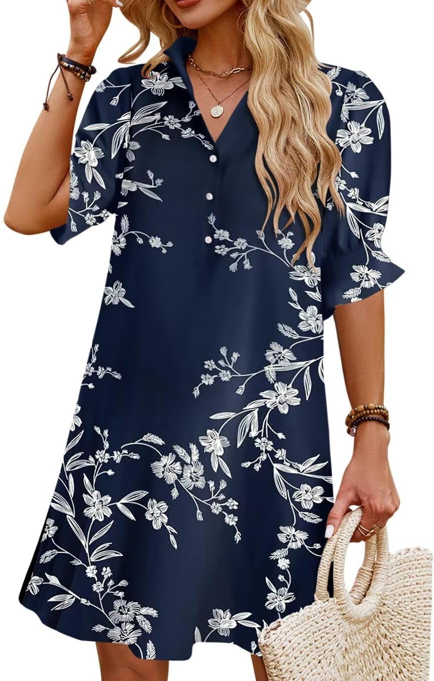 Womens Summer Shirt Mini Dresses with Pockets