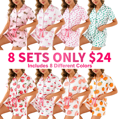 Women's Bow Full-Print Design Two-Piece Sleepwear Set