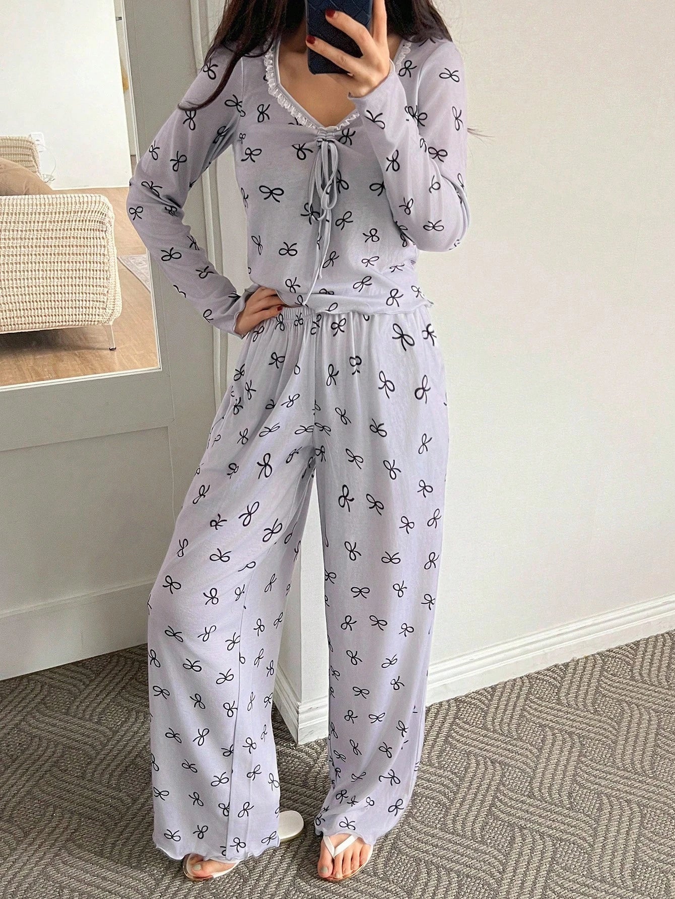 Women's Bow Print Long-Sleeve Lounge Pajama Set