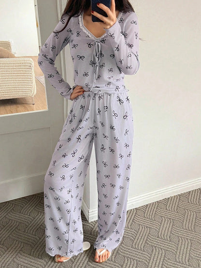 Women's Bow Print Long-Sleeve Lounge Pajama Set