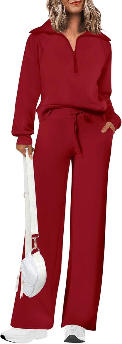 Women's Outfits Casual Lapel Half Zip Sweatshirts And Wide Leg Pants Tracksuit Sets
