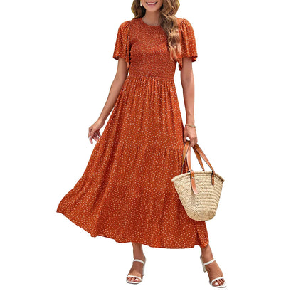 Floral Print Short Flutter Sleeve Crew Neck High Waist Flowy Maxi Dress