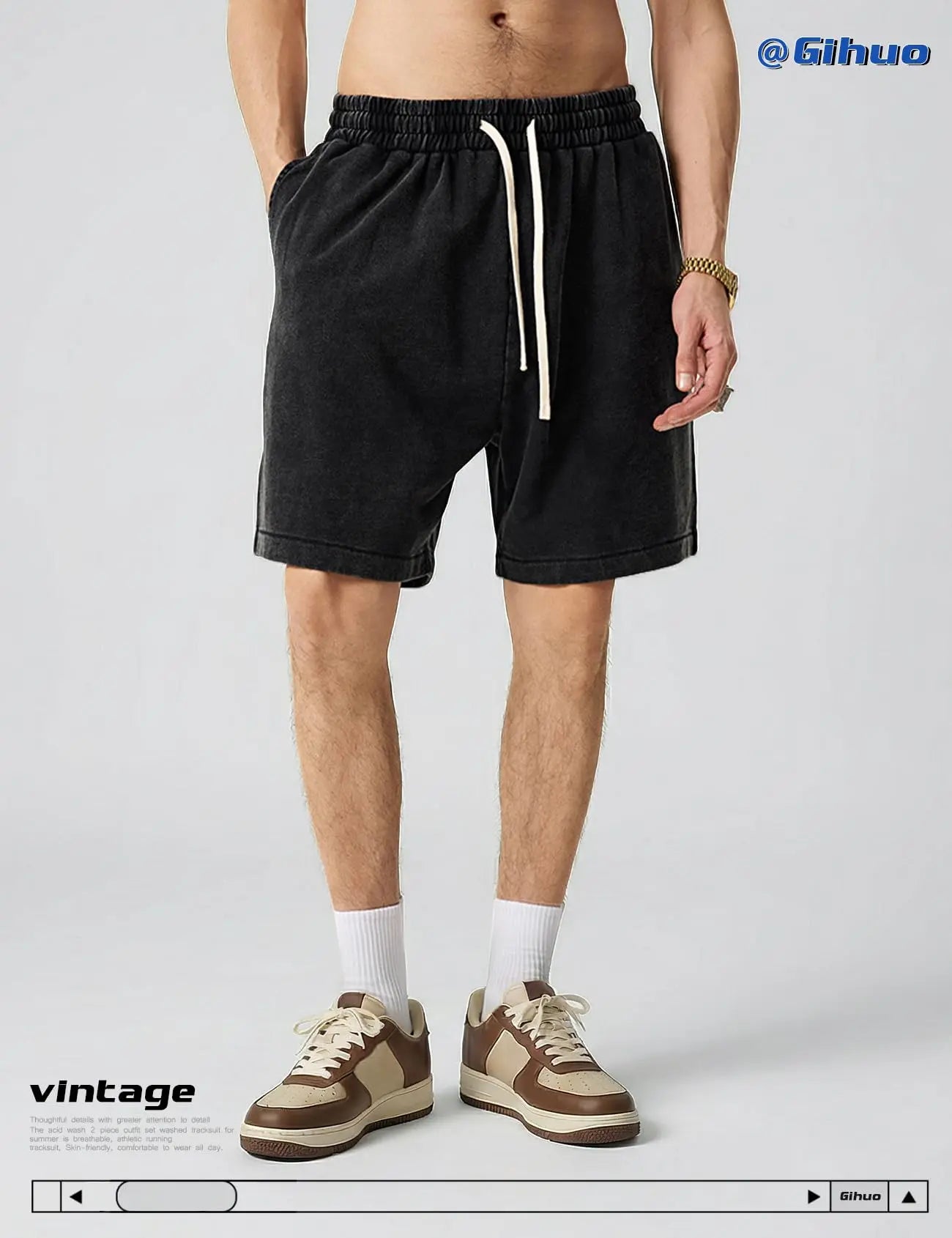Unisex Cotton Athletic Vintage Acid Wash Elastic Waist Sweat Shorts
