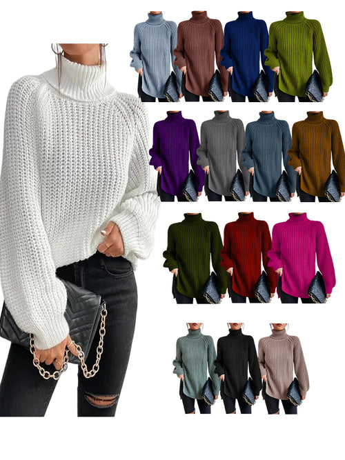 💥Last day only $37.99📢 Long Sleeves Loose Solid Color Split-Side High Neck Pullovers Sweater Tops