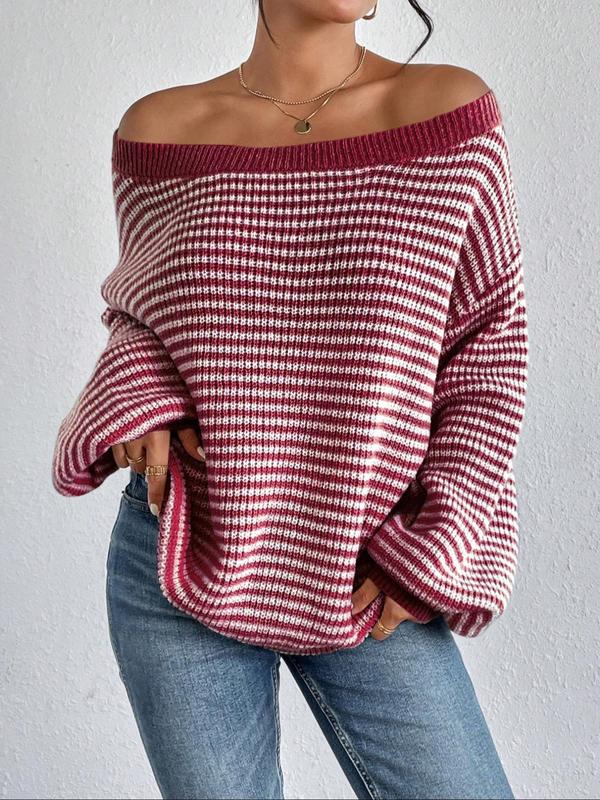 Women's Striped Drop Shoulder Sweater, Casual Bishop Sleeve Boat Neck Jumper for Daily Outdoor Wear, Ladies Knitwear for All Seasons, Womenswear, Tops