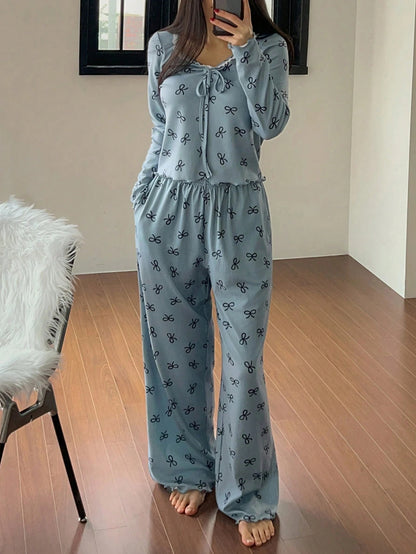 Women's Bow Print Long-Sleeve Lounge Pajama Set