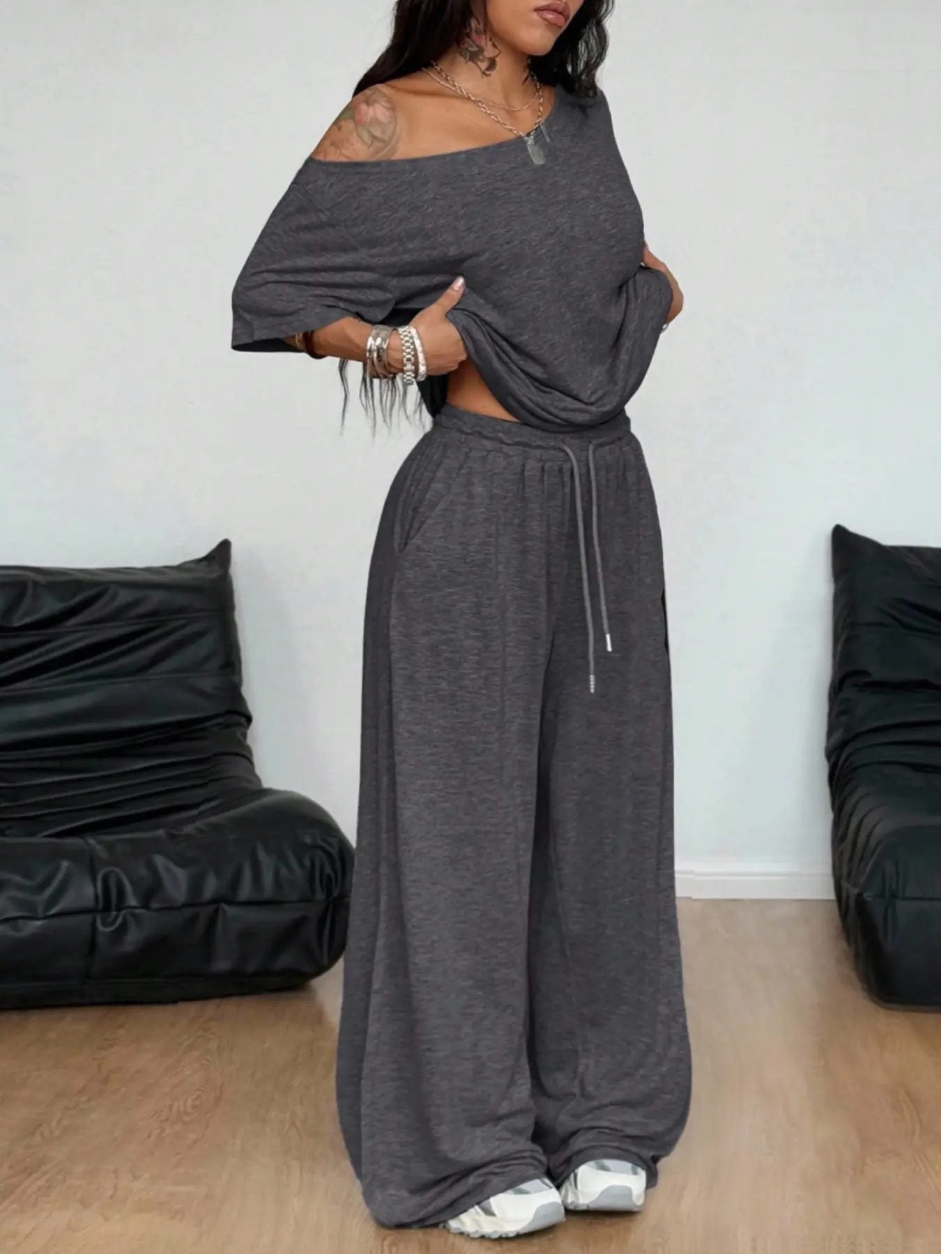 Loose Baggy Off Shoulder T-Shirt And Wide Leg Pants Two Pieces Outfits