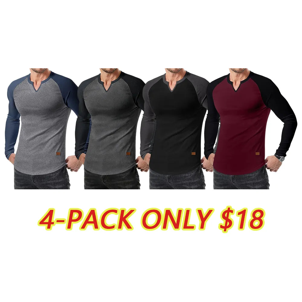 Mens Long Sleeve Muscle T Shirts Casual V-Neck Longline Ribbed Tee Shirts