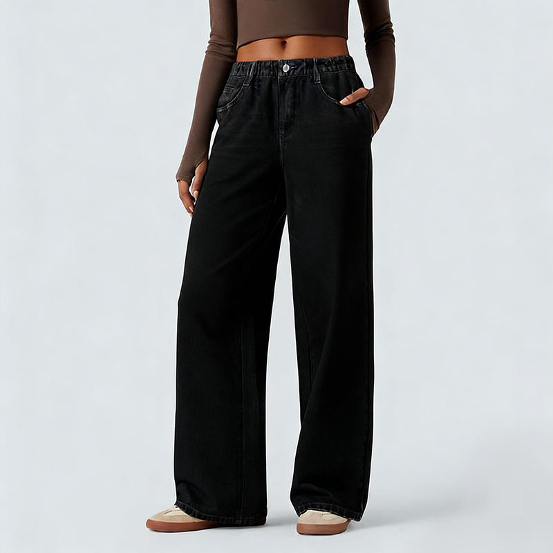 Mid Rise Denim Print French Terry Casual Sweatpants Jeans with Pockets