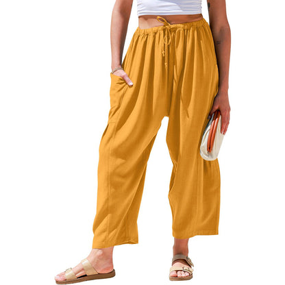 Womens Linen Blend Wide Leg Pants