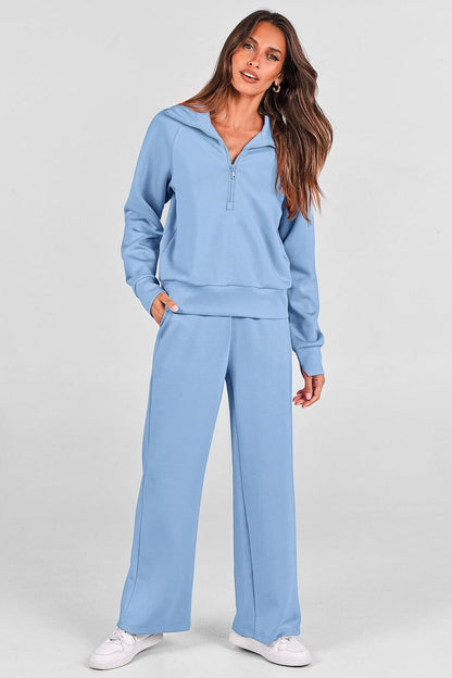 Women's Outfits Casual Lapel Half Zip Sweatshirts And Wide Leg Pants Tracksuit Sets