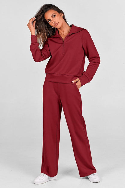 Women's Outfits Casual Lapel Half Zip Sweatshirts And Wide Leg Pants Tracksuit Sets