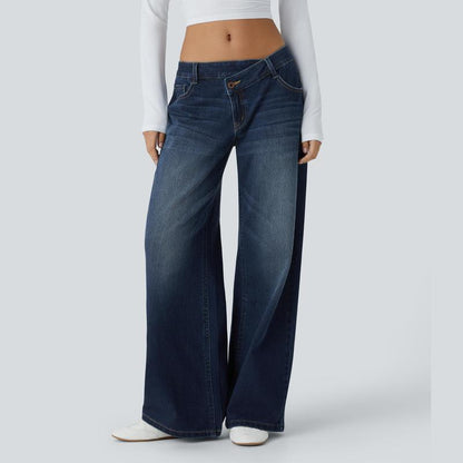 🔥5 Pack-Women's  Asymmetric Low Rise Zipper Pockets Baggy Wide Leg Washed Casual Jeans