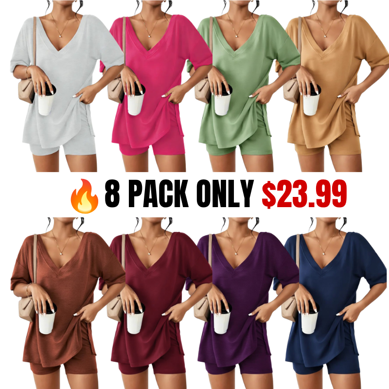 V-neck Two-Piece Pajama Set For Women Summer Casual Oversized Split Hem Shirts