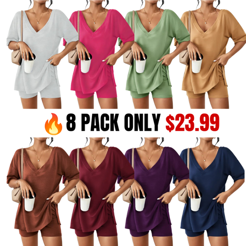 V-neck Two-Piece Pajama Set For Women Summer Casual Oversized Split Hem Shirts